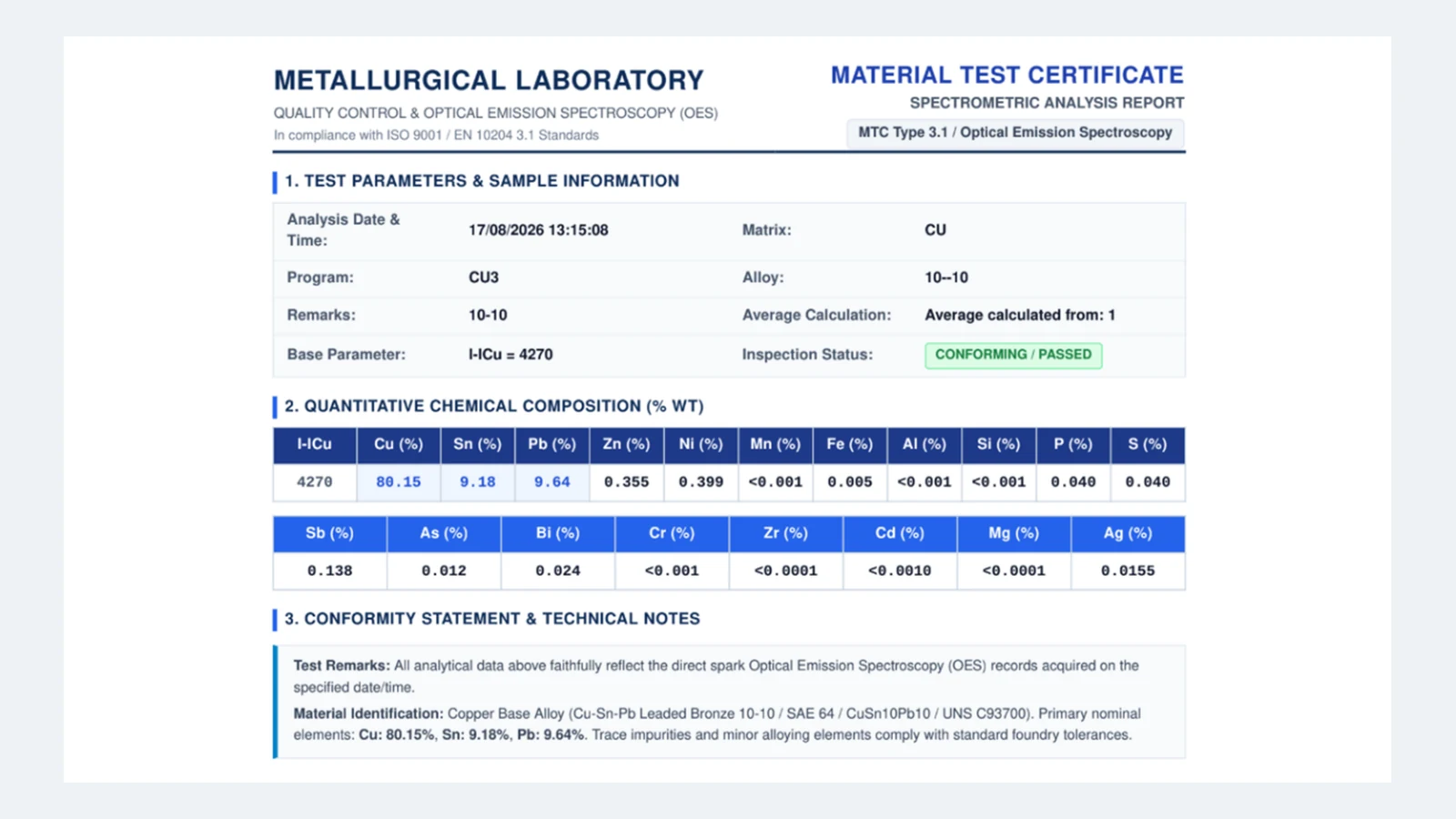 Spectrometric material test certificate