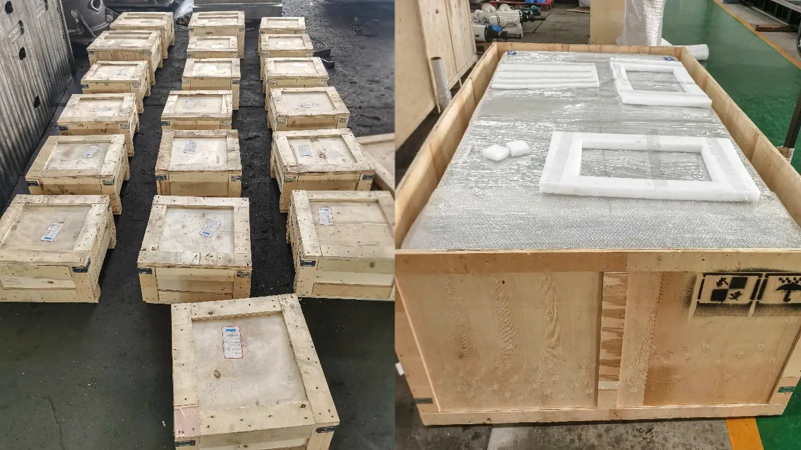 Finished components secured in export crates